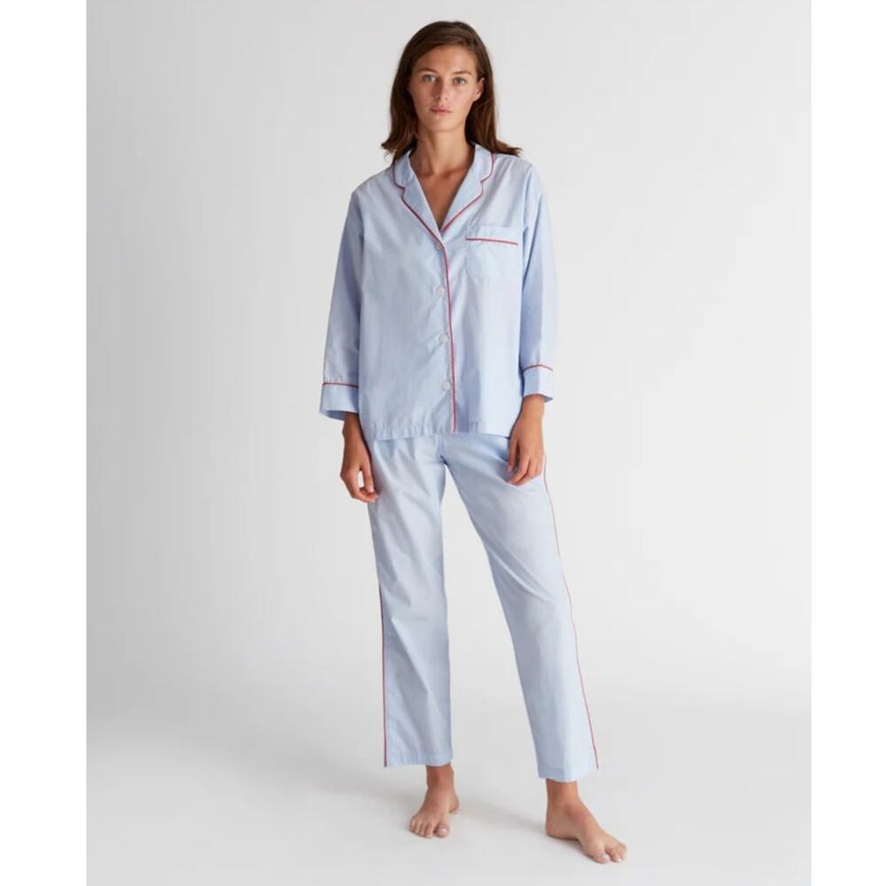 Sleepy Jones Marina Pajama Lounge Set Cotton Blue End on End Womens Size Large